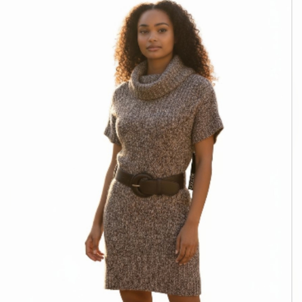 NWT XOXO Cowl Neck Knit Sweater Dress Brown Marled Belted Women’s XS Cozy Fall